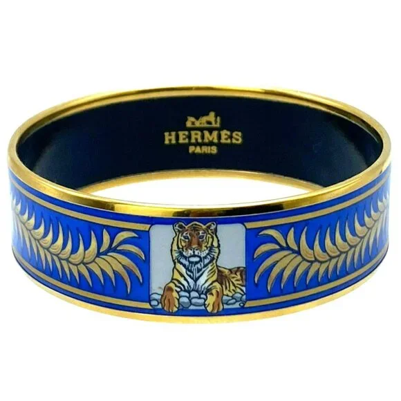 Hermes Tiger Bangle Bracelet Cloisonne Enamel Blue Gold Vintage Size 65 RARE! - Picture 1 of 9